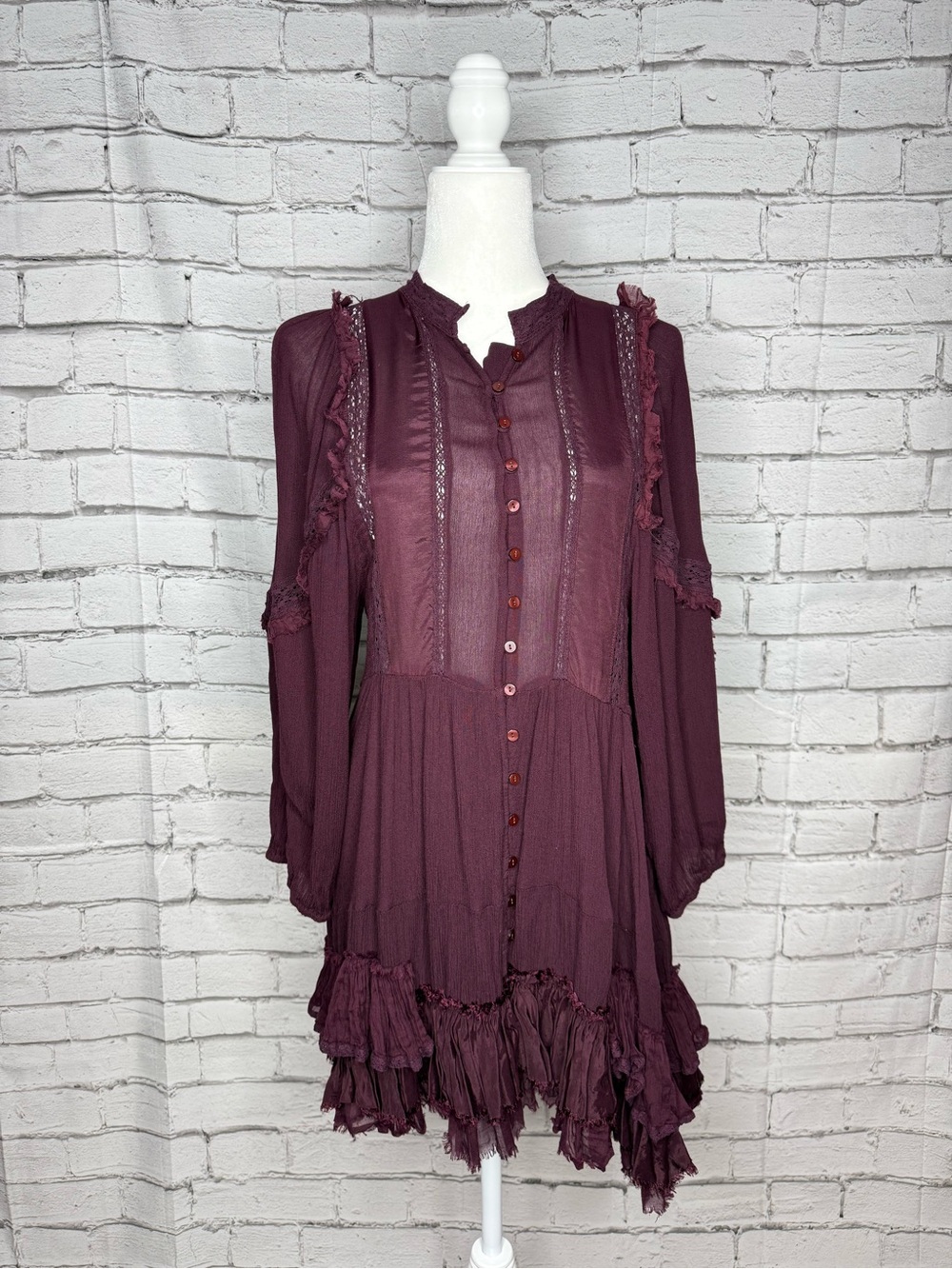 Free People Ambrosia Mini Dress Size M Plum Burgundy Ruffles Boho Cottagecore